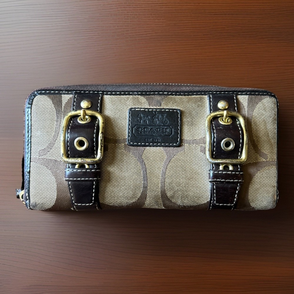 Vintage Coach Signature Logo Canvas & Leather zip around Wallet Tan Brown VTG - Picture 2 of 9